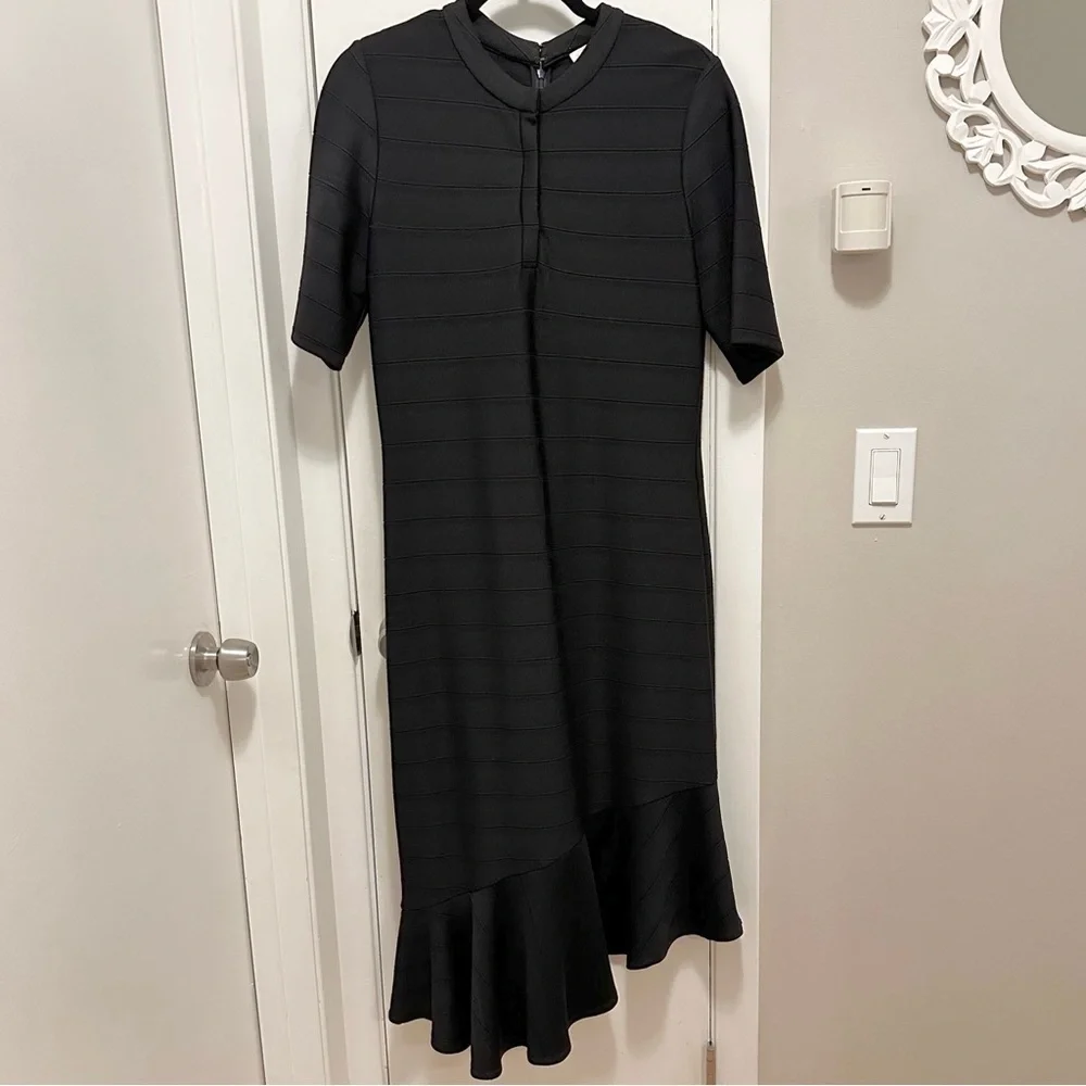 SOLD. Shoshanna Adria Shirt Sheath Midi Dress 12 Asymmetrical Ruffle Flu - Picture 2 of 11